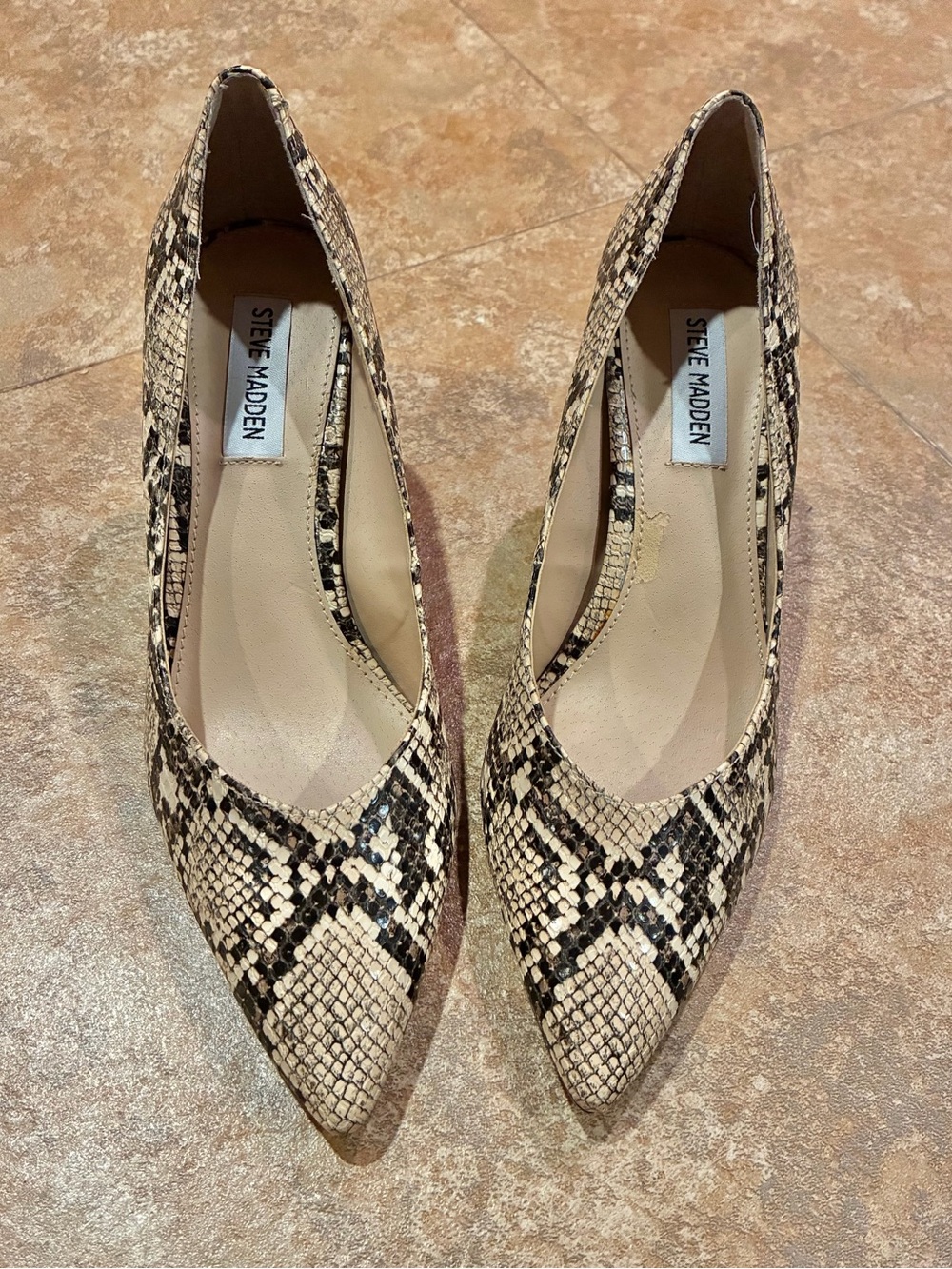 Steve Madden Snake-Print Pointed Heels in Beige and Black